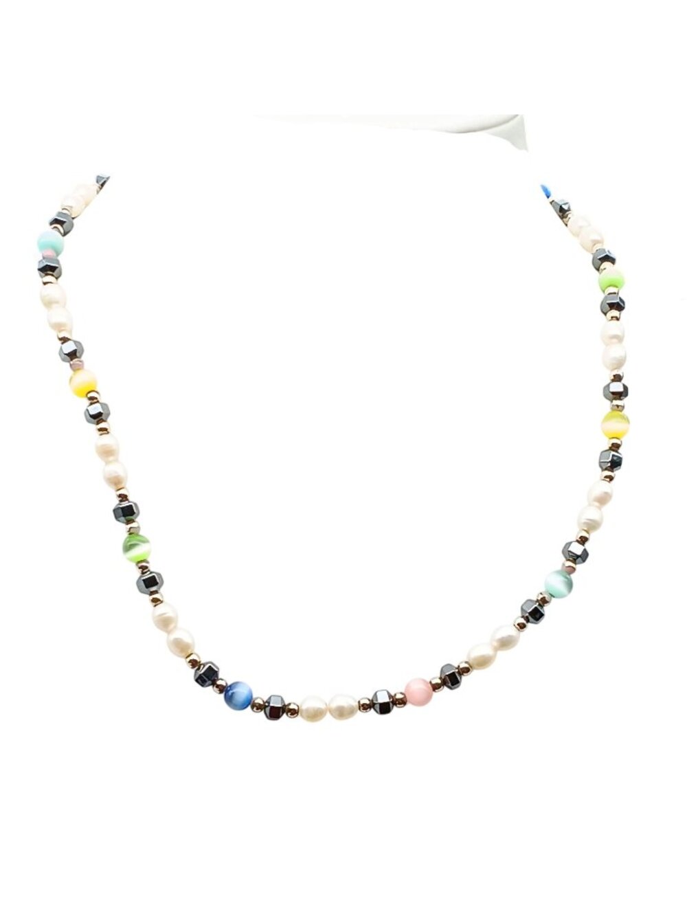 Multicolor Cats Eye Beaded Necklace with Freshwater Pearls & Hematite Accents